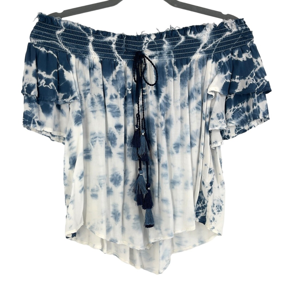 Surf Gypsy Shirt Womens Off Shoulder Blue Tie Dye Flowy Tassel Short Sleeve S
